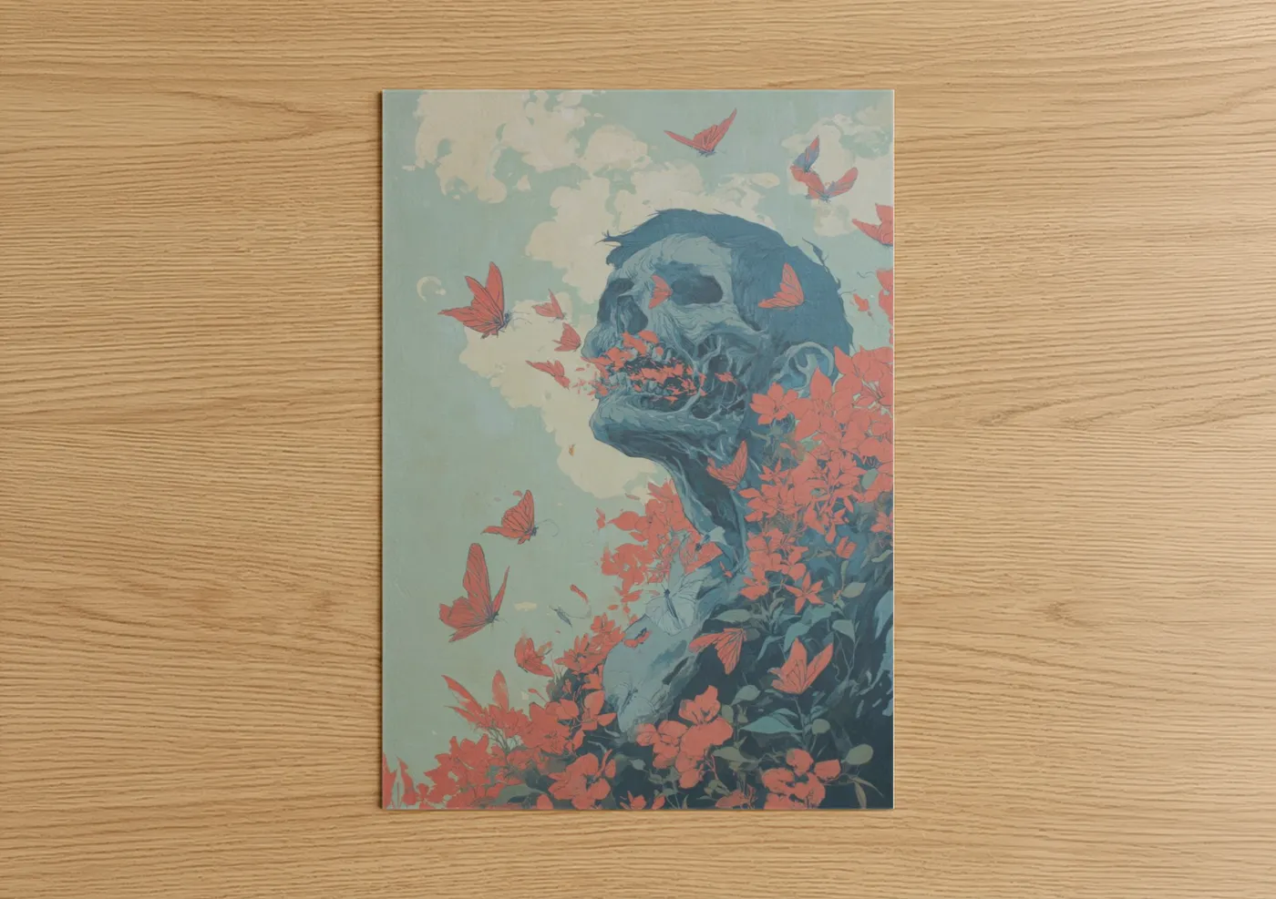 Art print on warm oak wood — blue and salmon pink palette — Bloom Zombie poster