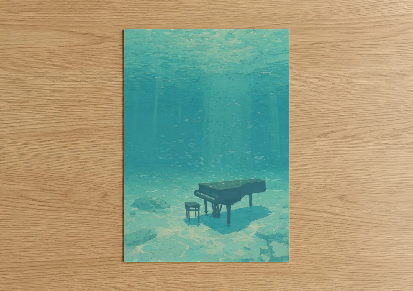 Art print on warm oak wood — turquoise and aquamarine palette — Underwater Piano poster