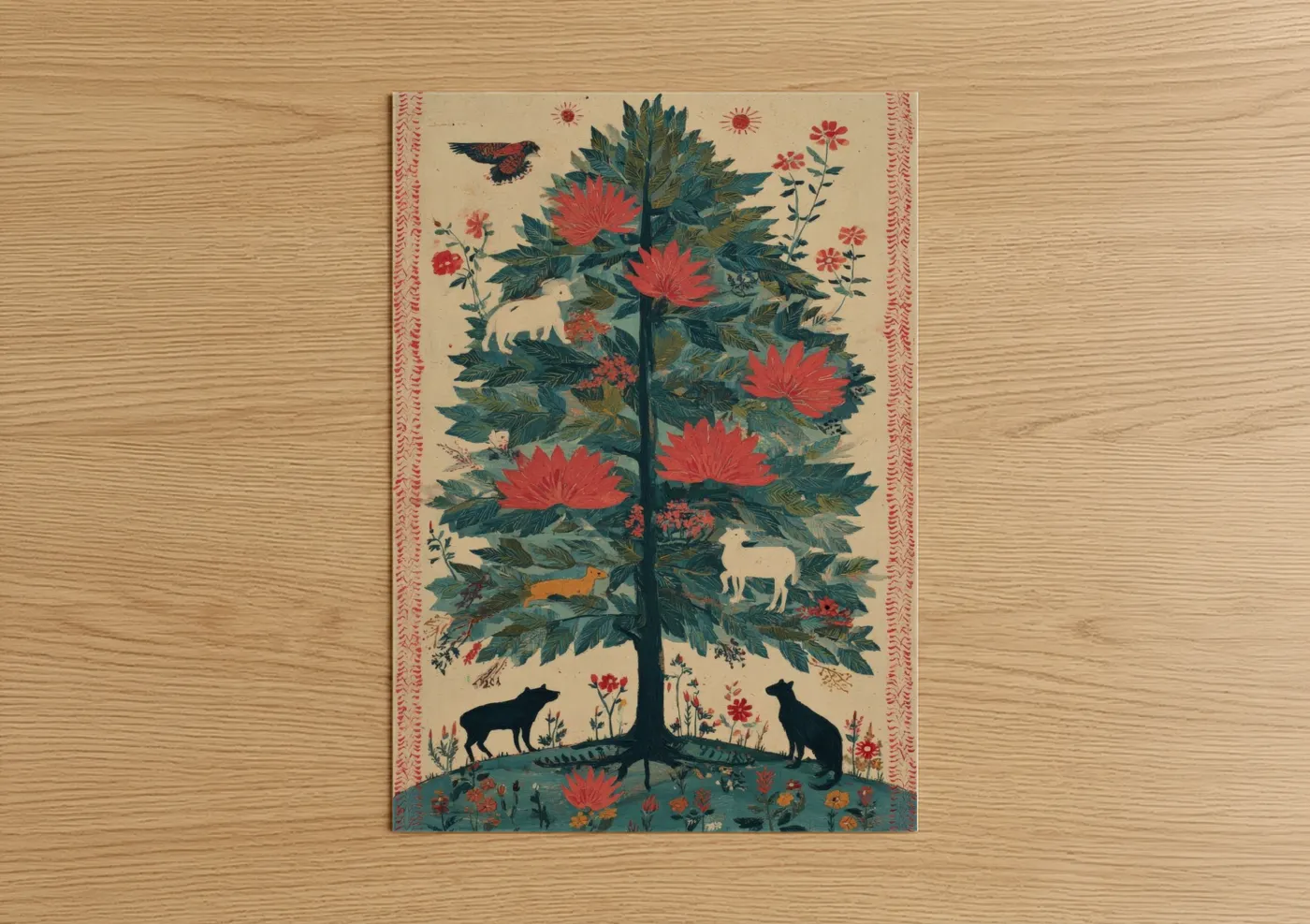 Cypress Tree Garden with Animals and Flowers Wall Art