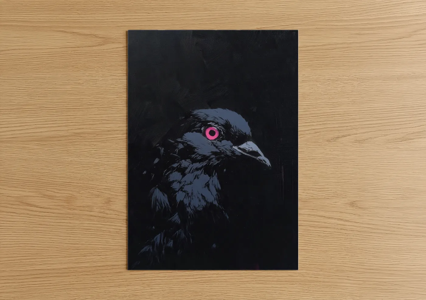 Art print on warm oak wood — dark blue and magenta palette — Neon Pigeon poster