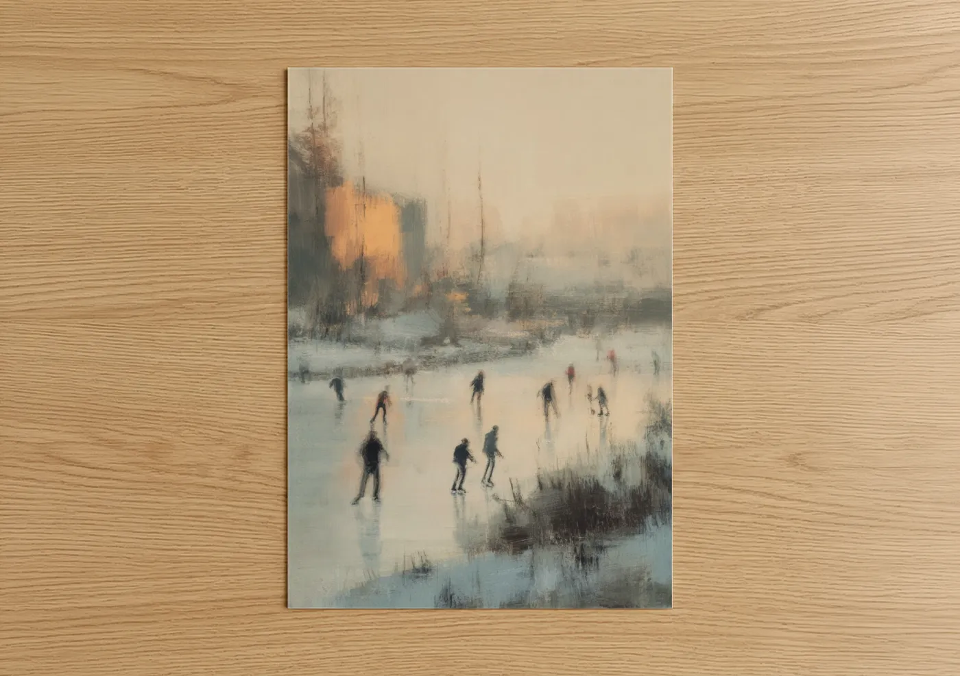 Winter Ice Skaters Frozen Lake Painting Wall Art