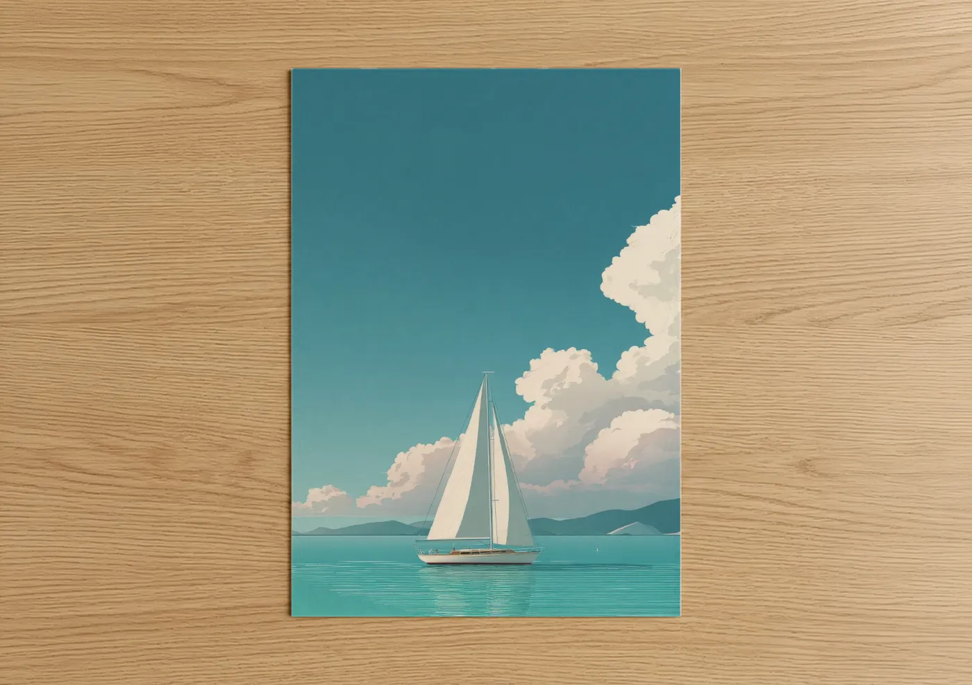 Sailing ship art print on warm oak wood — teal and white palette — Serene Sailboat poster