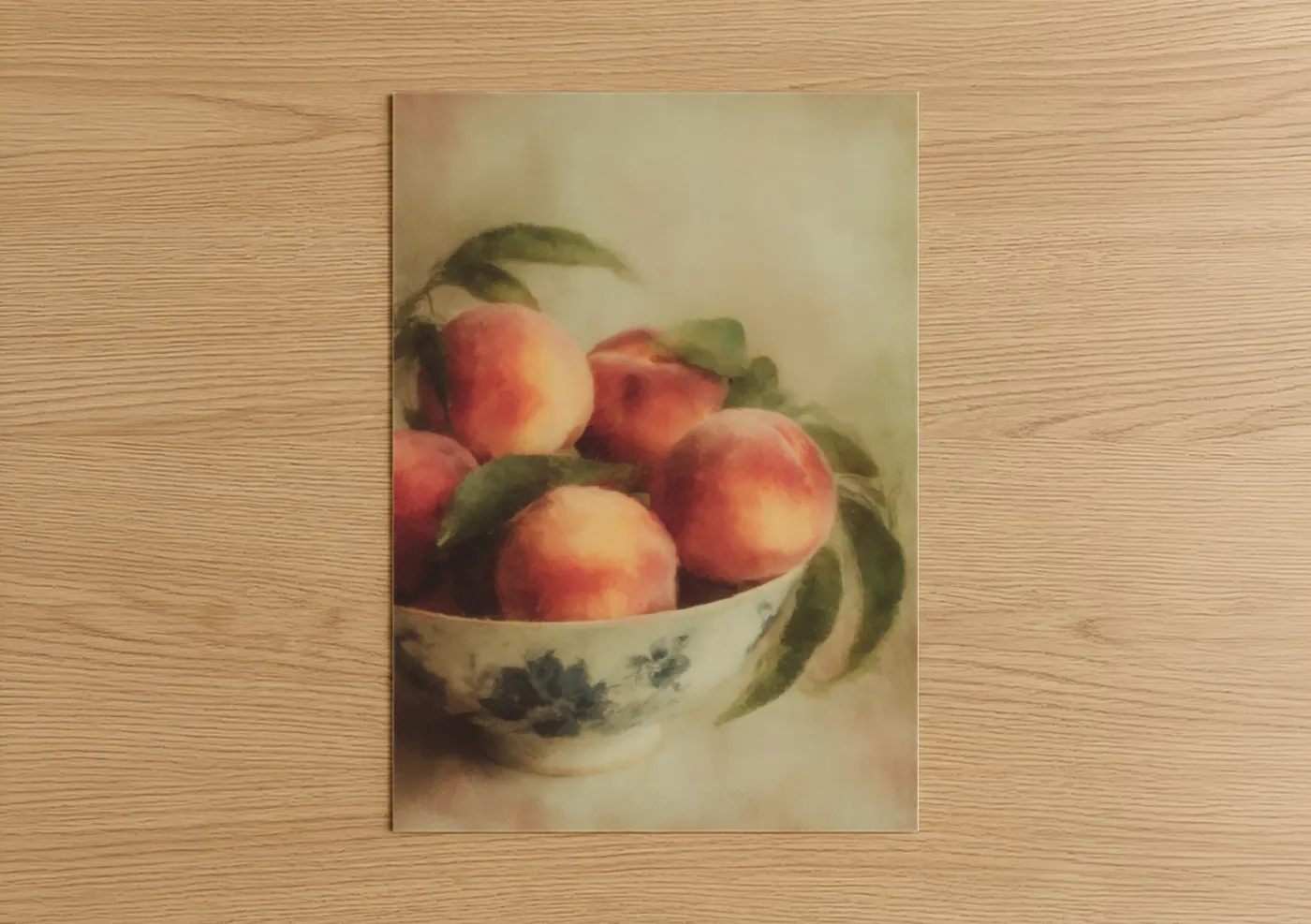 Fruit art print on warm oak wood — peach and sage green palette — Peachy Still Life poster