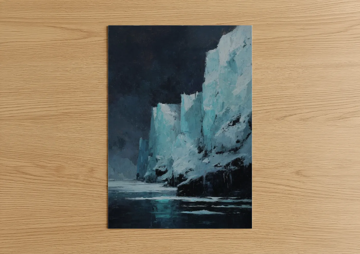 Art print on warm oak wood — teal and black palette — Frozen Cliff Wall poster