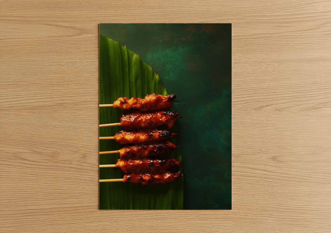 Poultry art print on warm oak wood — true green and russet palette — Grilled Skewers poster