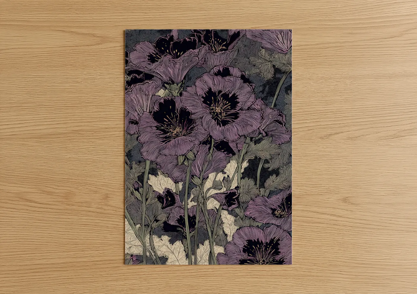 Art print on warm oak wood — purple and black and white palette — Purple Geranium Cluster poster