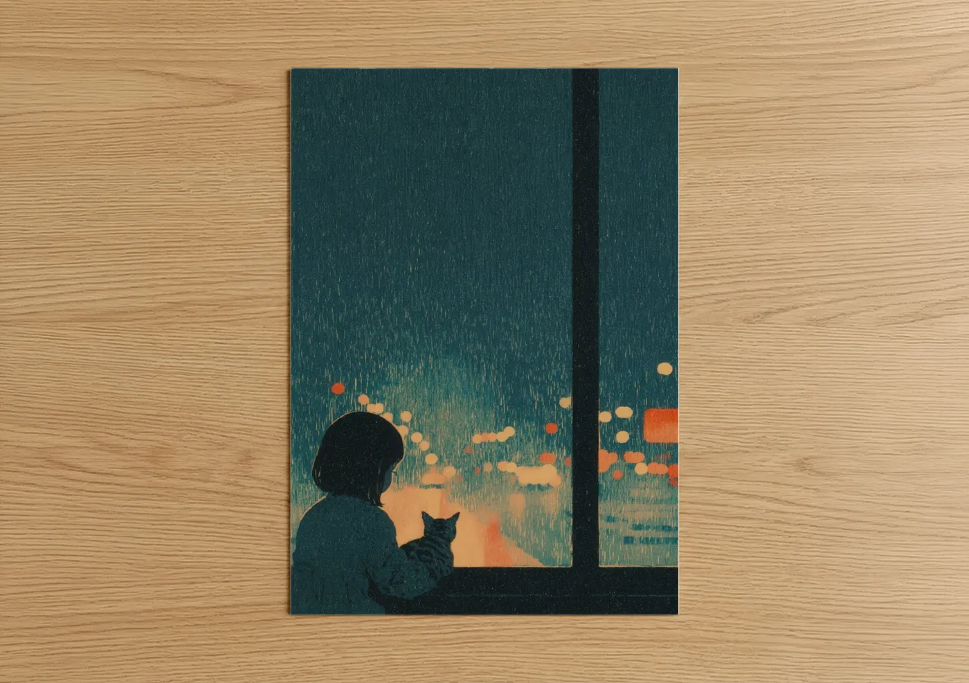 Kids animals art print on warm oak wood — teal and orange palette — Rainy Window Dreams poster