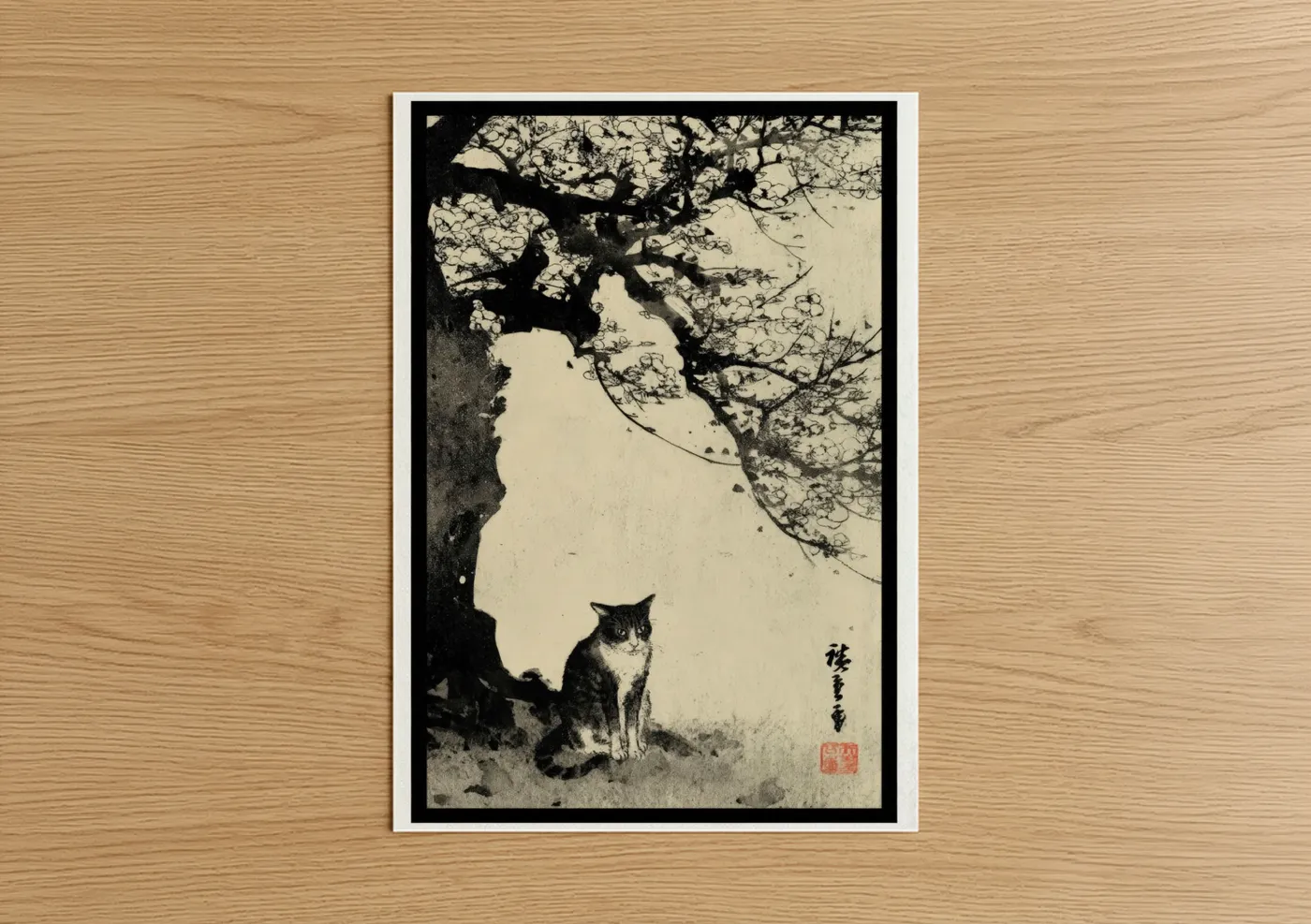 Cat Under Cherry Blossom Tree Wall Art