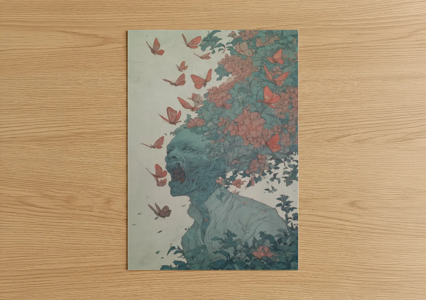 Art print on warm oak wood — teal and salmon pink palette — Blooming Zombie poster