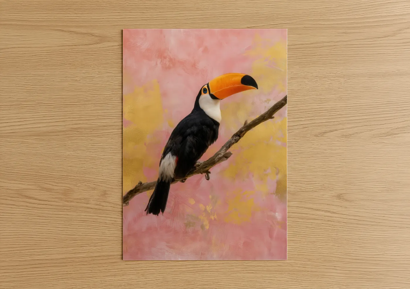 Art print on warm oak wood — pink and yellow gold palette — Tropical Toucan poster
