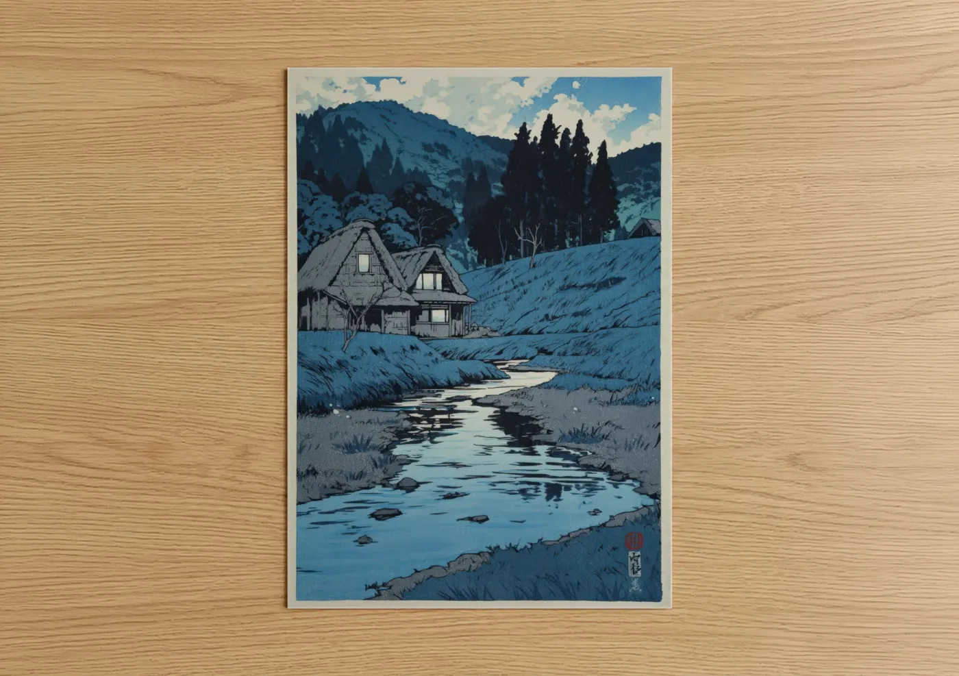 Various landscapes art print on warm oak wood — blue and gray palette — Alpine Cottage Stream poster