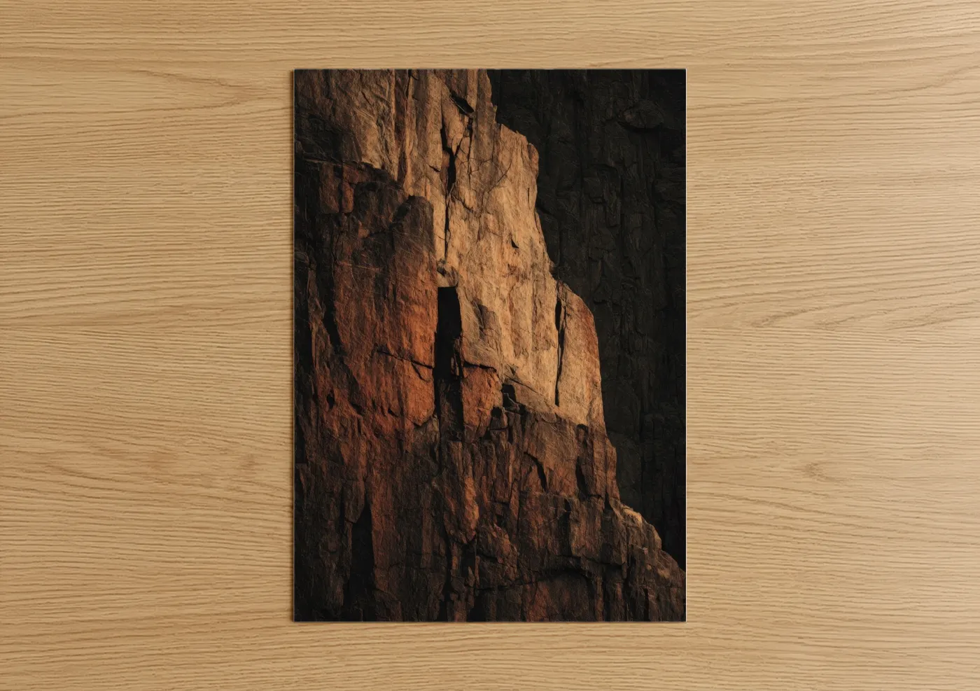 Natural stones art print on warm oak wood — gold and russet palette — Golden Canyon Wall poster