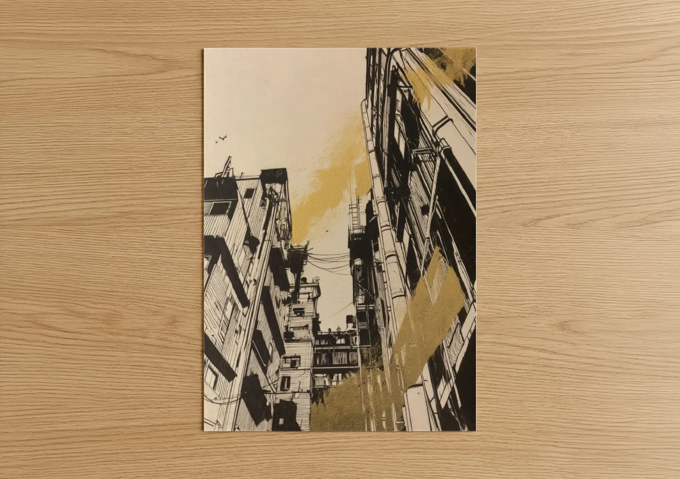 Abstract architecture art print on warm oak wood — gold and black and white palette — Urban Perspective poster