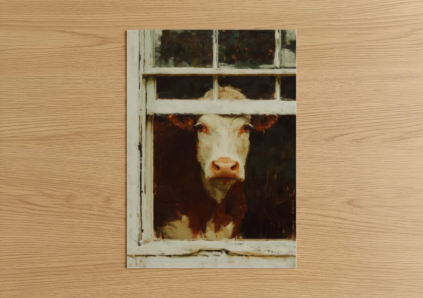 Hereford cow art print on warm oak wood — cream and brown palette — Barn Window Hereford poster