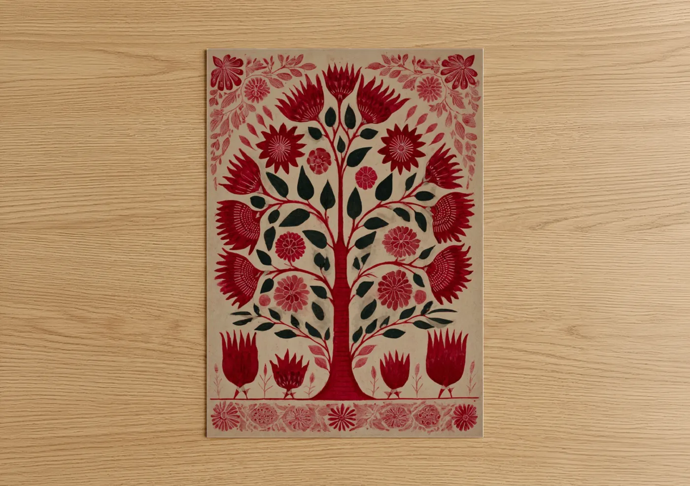 Abstract flower art print on warm oak wood — maroon and black and white palette — Symmetrical Botanical Tree poster