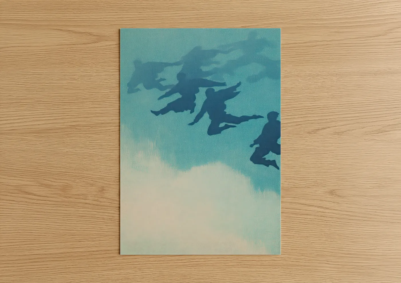 Track and field art print on warm oak wood — turquoise and cream palette — Skybound Athletes poster