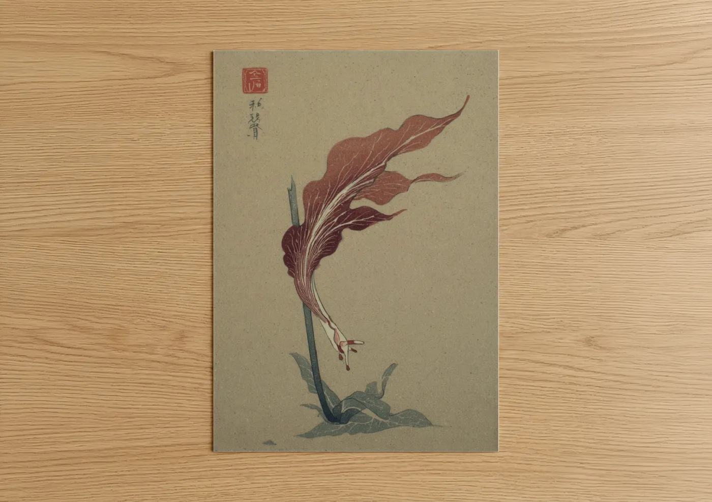 Art print on warm oak wood — russet and cream palette — Crimson Nudibranch poster