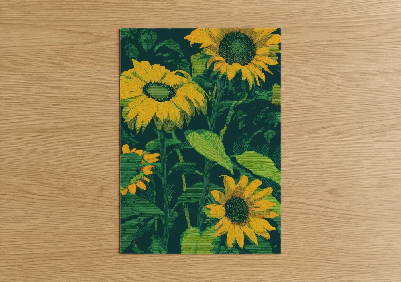 Art print on warm oak wood — gold and dark green palette — Golden Sunflower Field poster