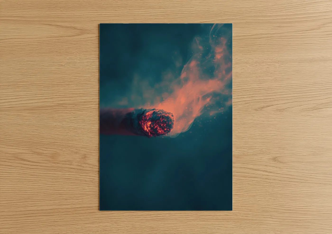 Art print on warm oak wood — teal and orange palette — Crimson Smoke Trail poster