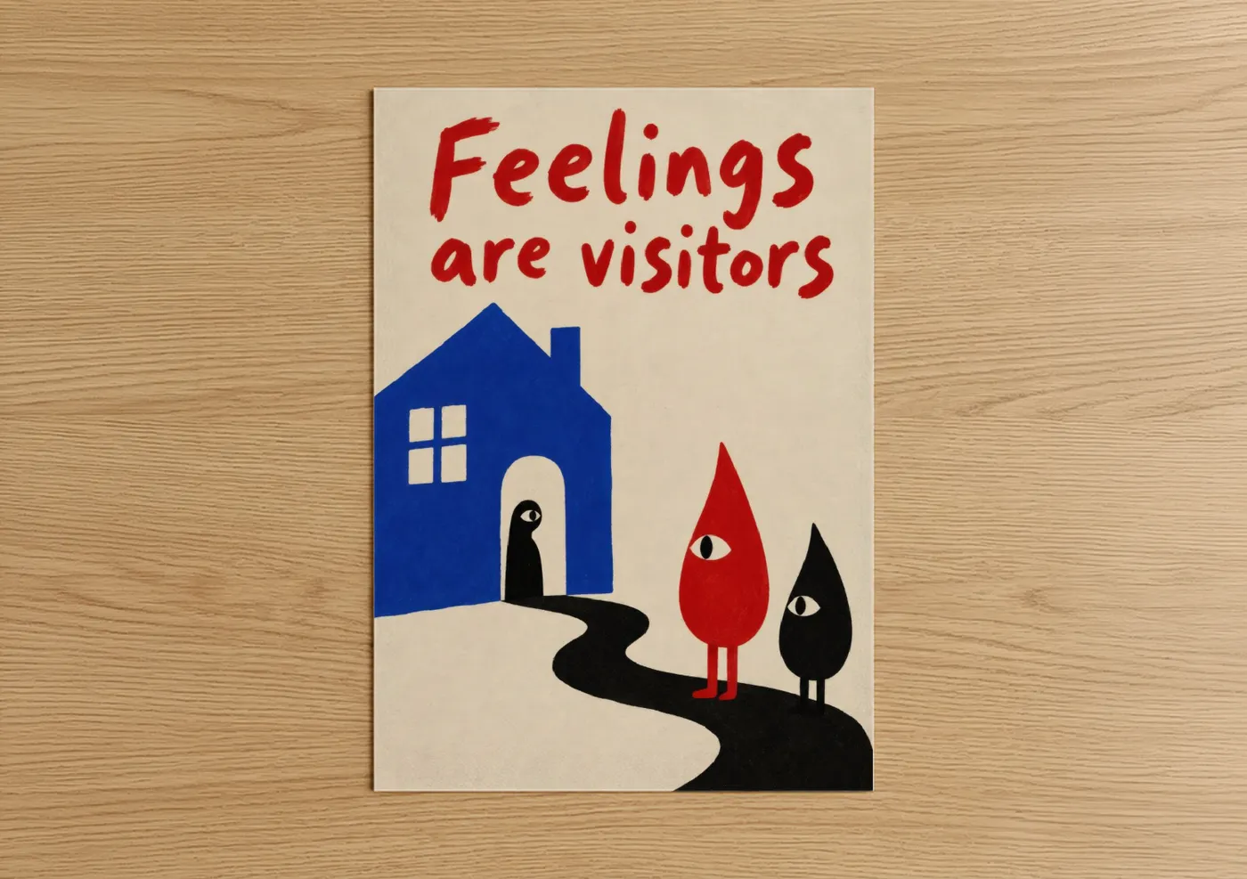 Art print on warm oak wood — blue and red palette — Abstract House With Visitors Wall Art poster