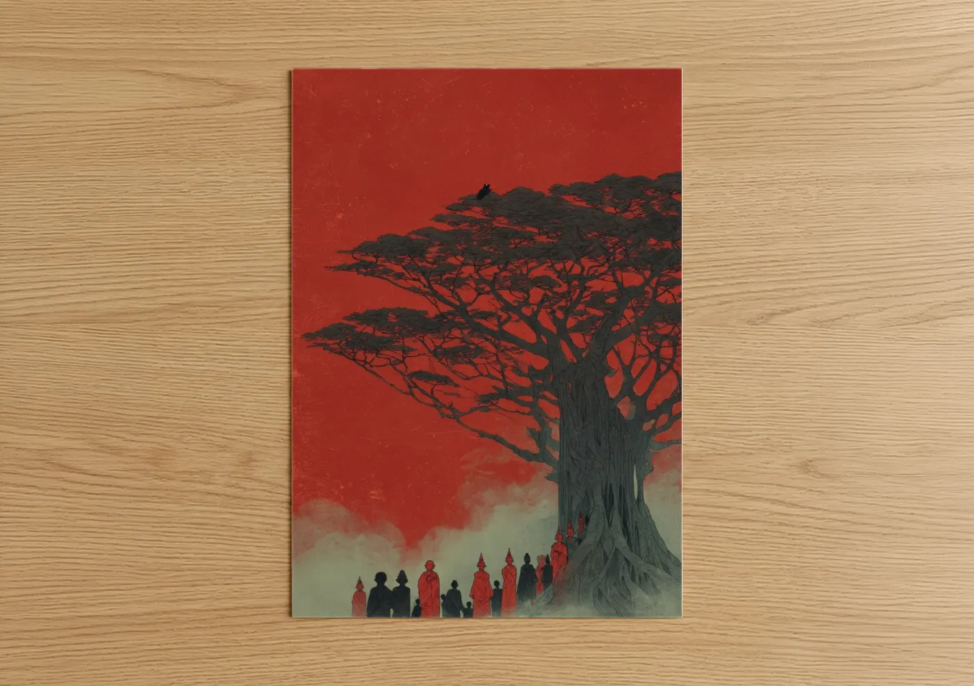 Banyan tree art print on warm oak wood — red and black palette — Crimson Banyan poster