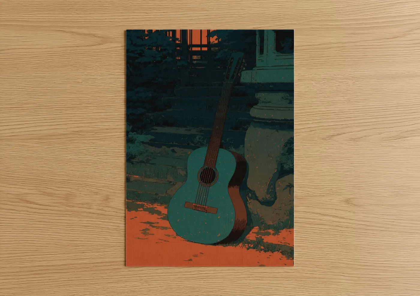 Acoustic guitar art print on warm oak wood — teal and pumpkin palette — Turquoise Guitar Rust poster