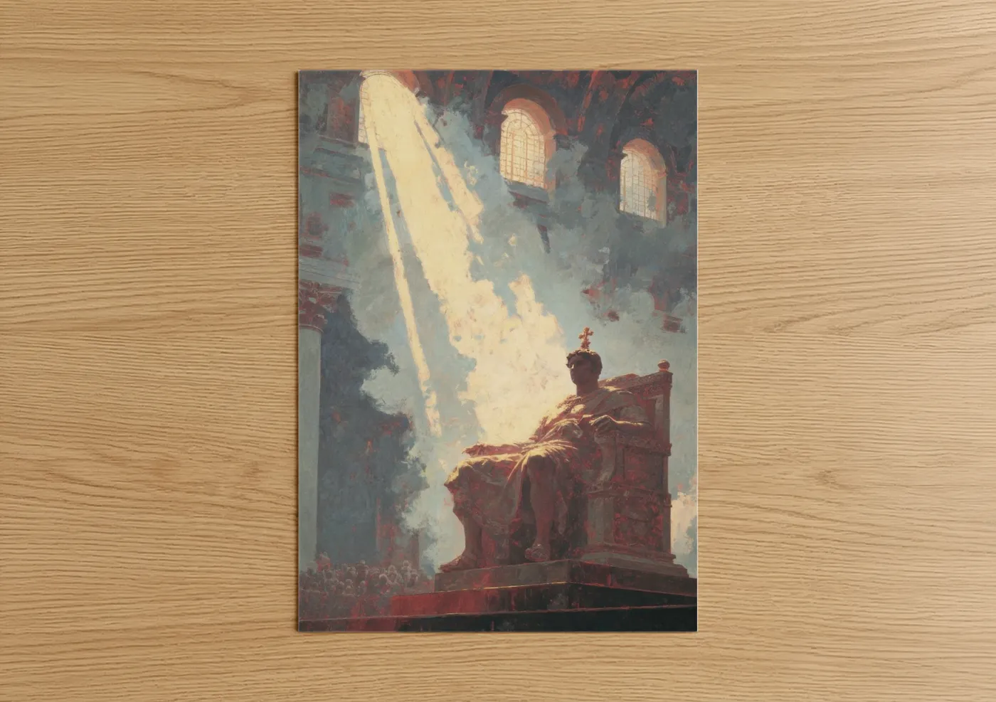 Constantine the great art print on warm oak wood — gold and blue and gray palette — Divine Light Constantine poster