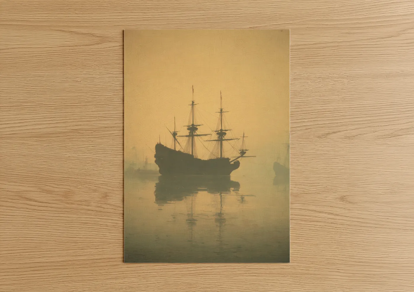 Old ships art print on warm oak wood — gold and black and white palette — Misty Galleon poster