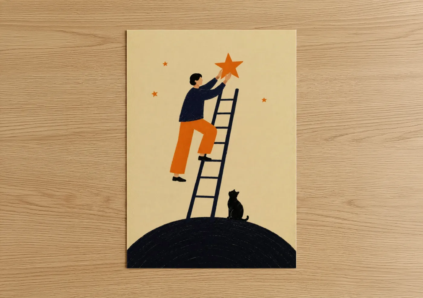 Cat art print on warm oak wood — orange and beige palette — Reaching For Stars Motivational Wall Art poster