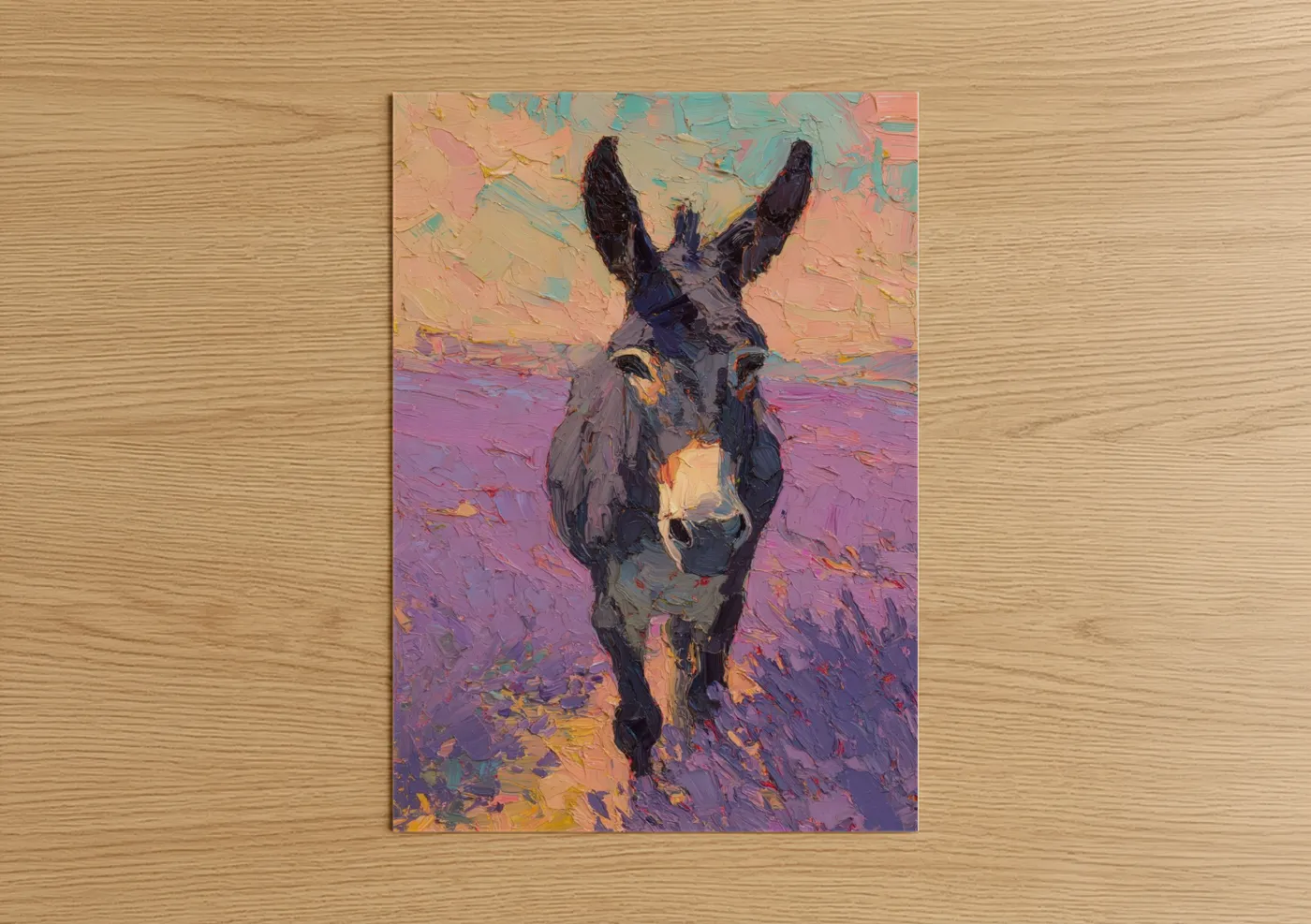 Art print on warm oak wood — magenta and gold palette — Sunset Mule poster