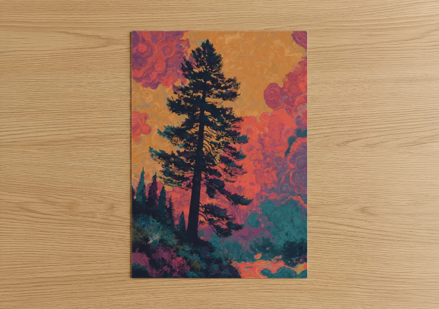 Redwood tree art print on warm oak wood — orange and magenta palette — Crimson Redwood Sunset poster