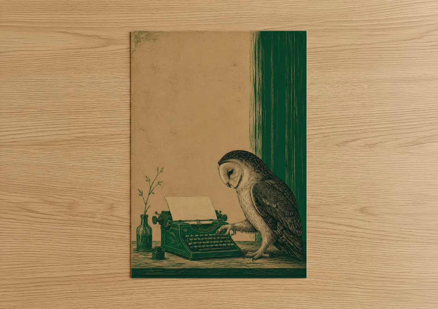 Art print on warm oak wood — dark green and beige palette — Literary Owl With Typewriter Wall Art poster