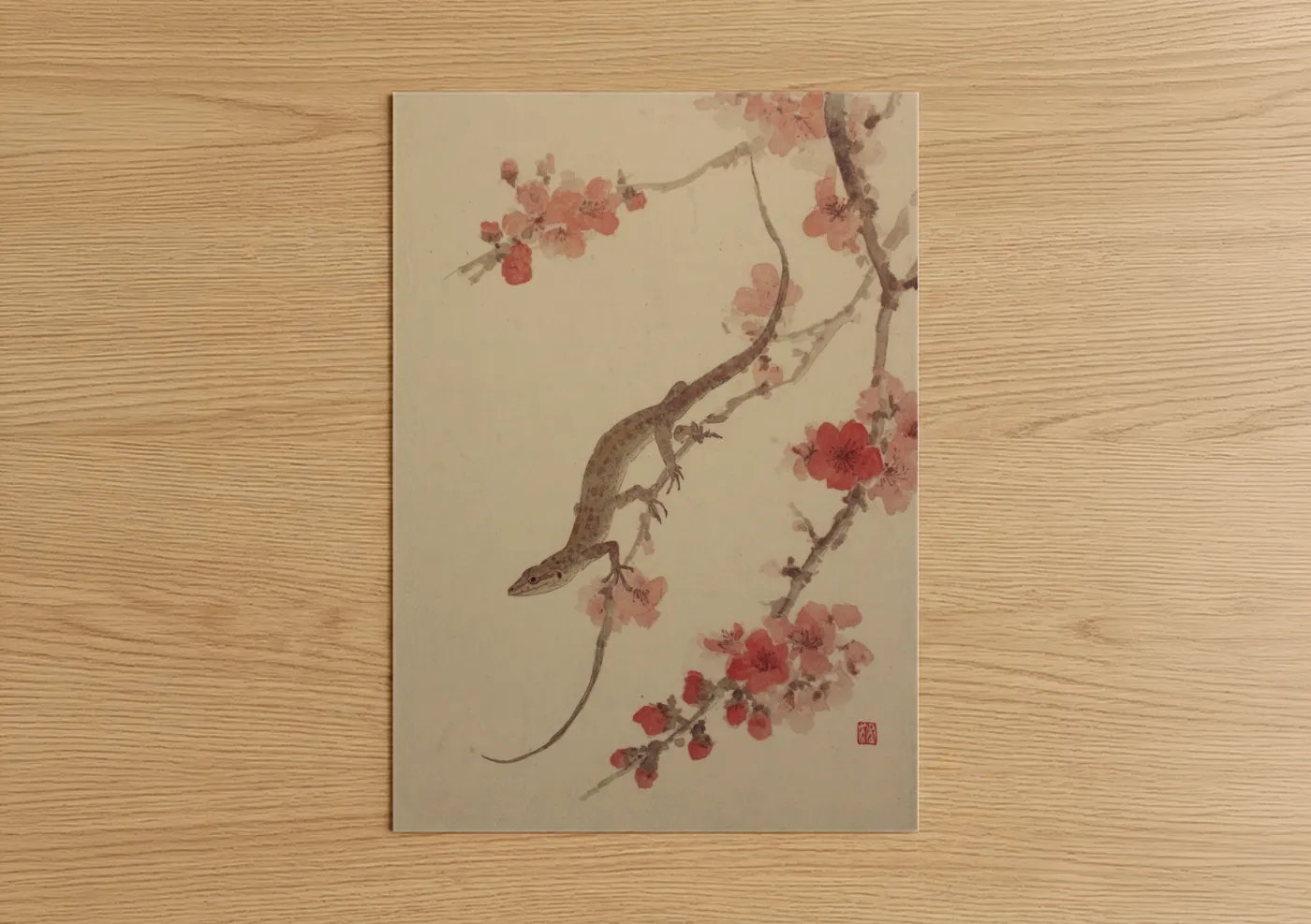 Art print on warm oak wood — salmon pink and beige palette — Cherry Blossom Lizard poster