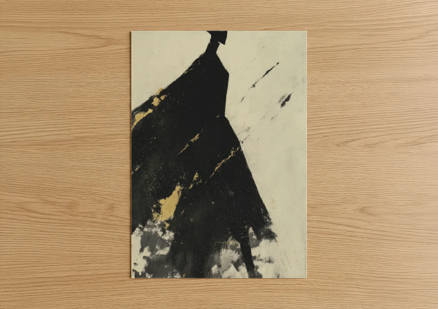 Fashion illustration art print on warm oak wood — black and champagne gold palette — Elegant Silhouette poster