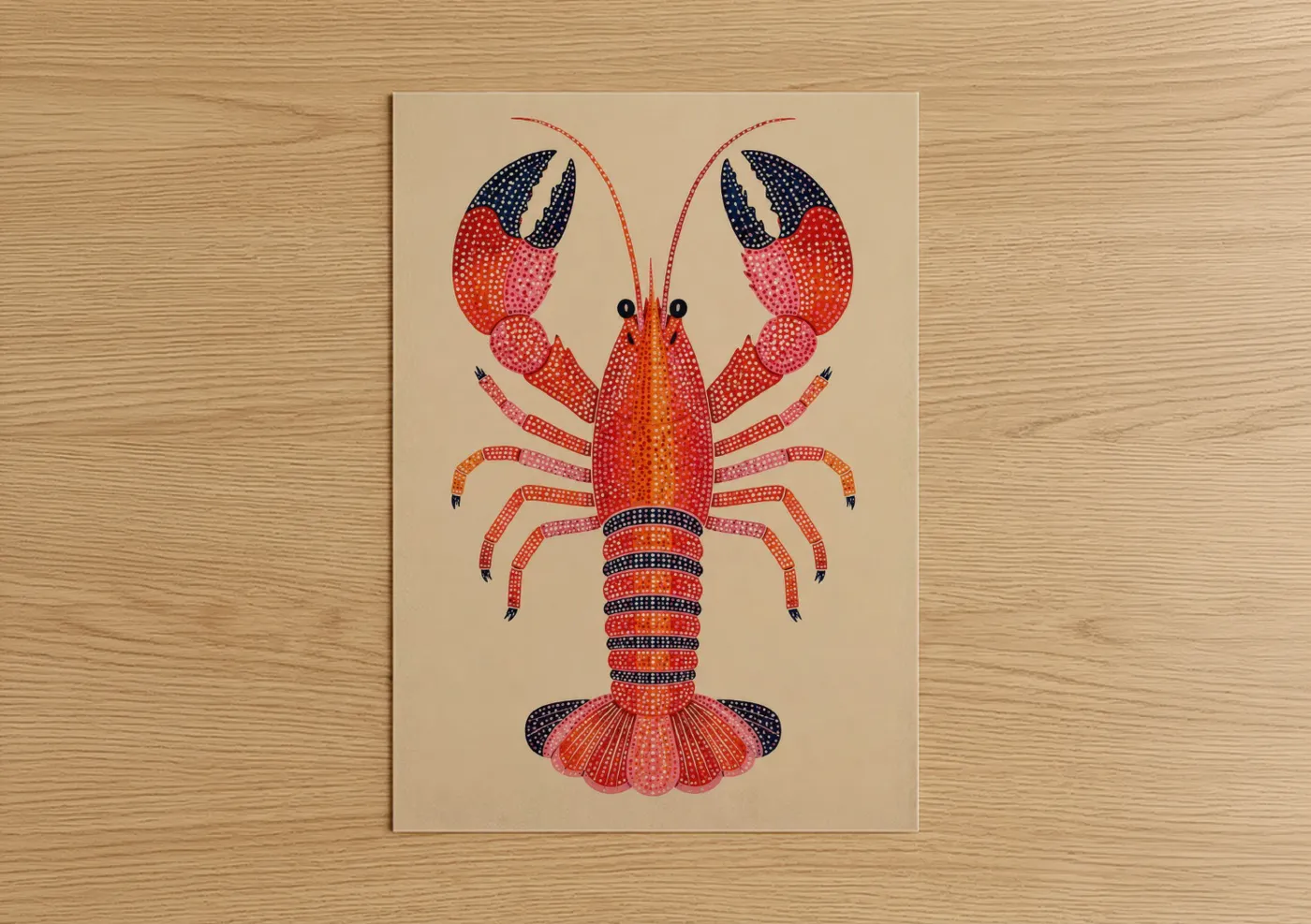 Crayfish art print on warm oak wood — red and orange palette — Geometric Lobster Dotted Design Wall Art poster