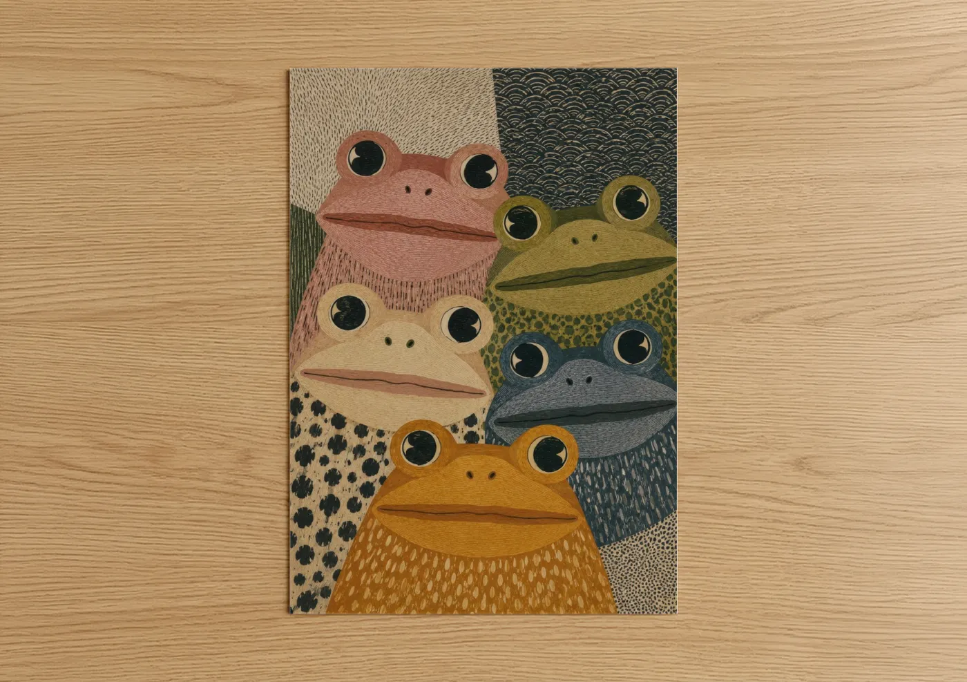 Frogs and toads art print on warm oak wood — beige and green palette — Whimsical Frog Faces Wall Art poster