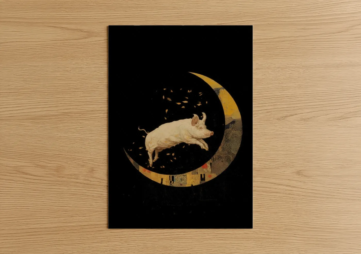 Pig Moon Night Gold Illustration Wall Art