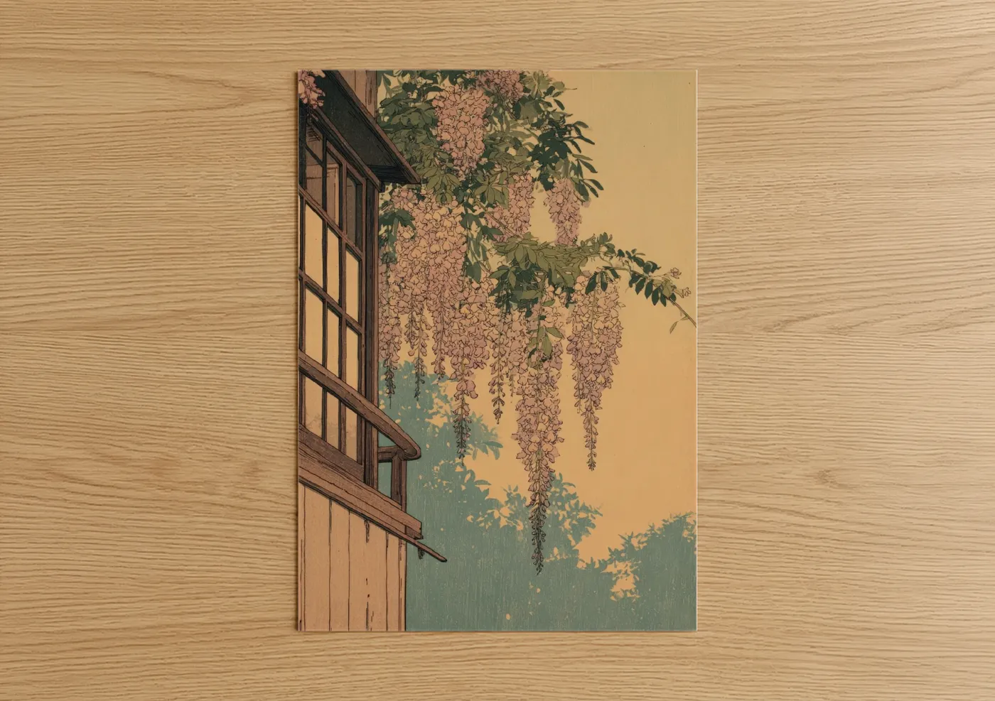 Art print on warm oak wood — sage green and peach palette — Cascading Wisteria poster