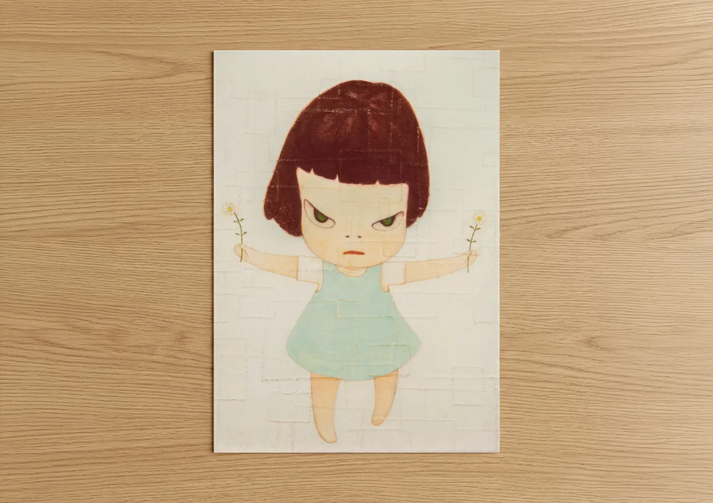 Art for girl art print on warm oak wood — cream and maroon palette — Whimsical Girl With Flowers Wall Art poster