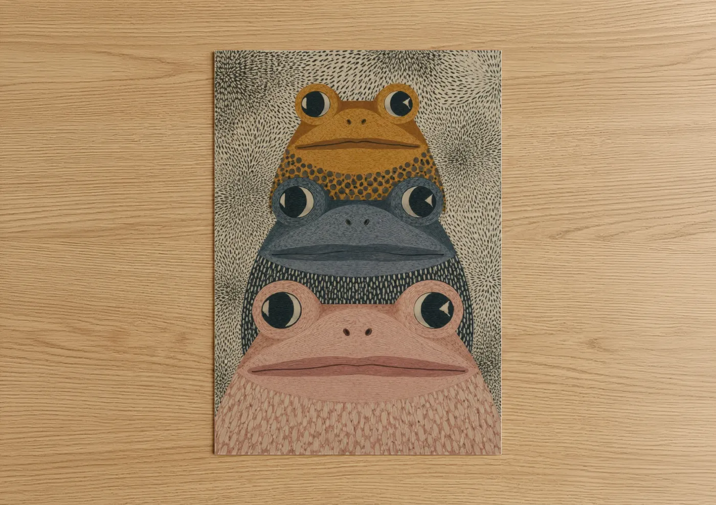 Frogs and toads art print on warm oak wood — beige and black palette — Stacked Toads Whimsical Nursery Wall Art poster