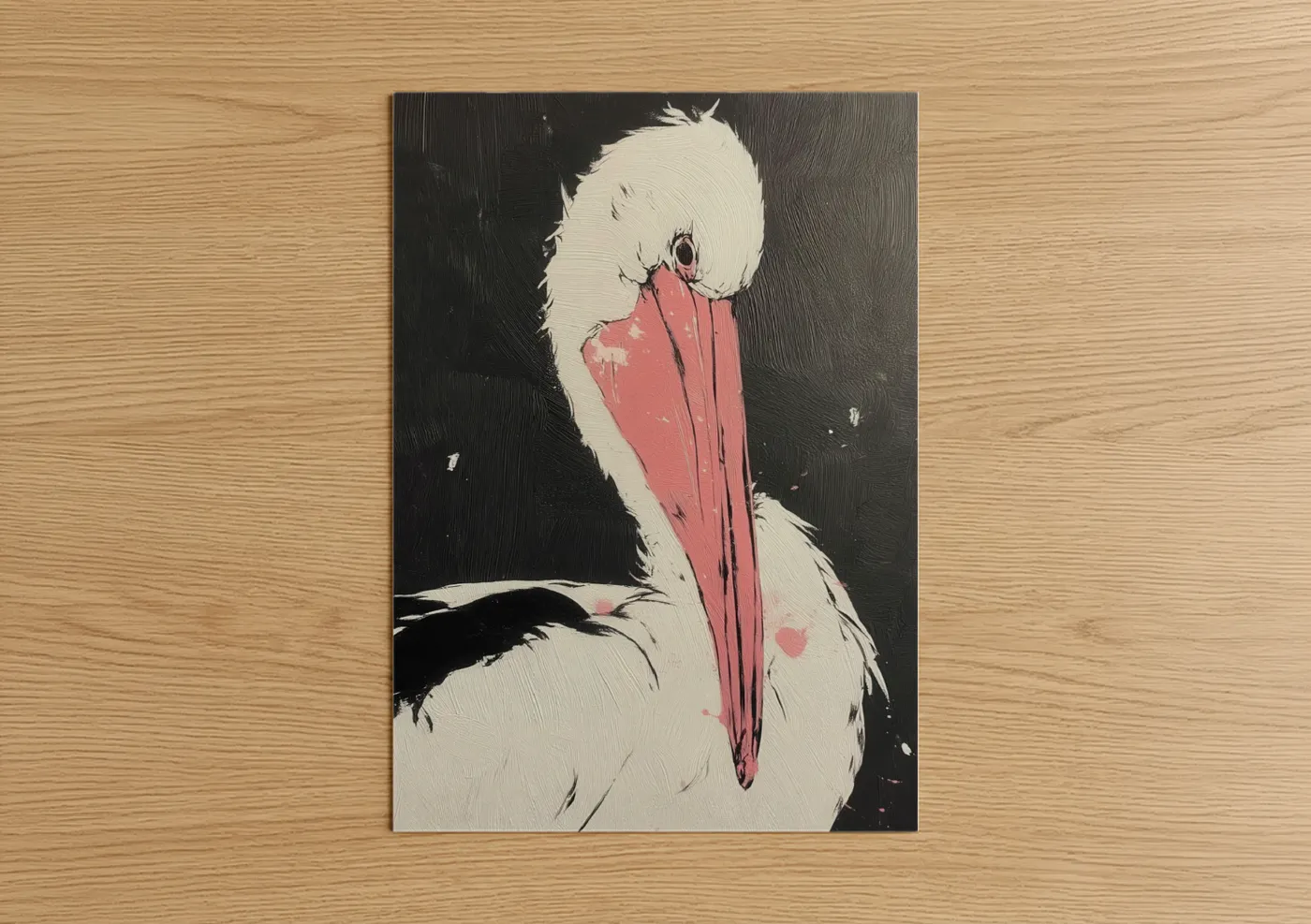 Art print on warm oak wood — black and white and salmon pink palette — Crimson Pelican poster