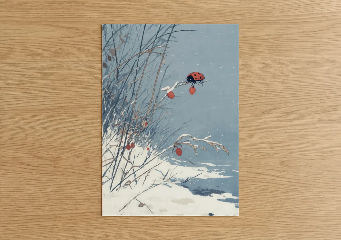 Art print on warm oak wood — blue and white palette — Snowy Ladybug poster