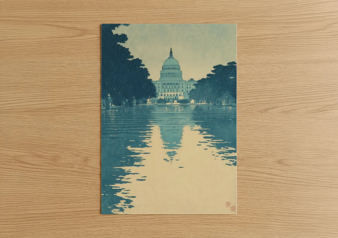 Us capitol art print on warm oak wood — teal and cream palette — Capitol Reflection poster
