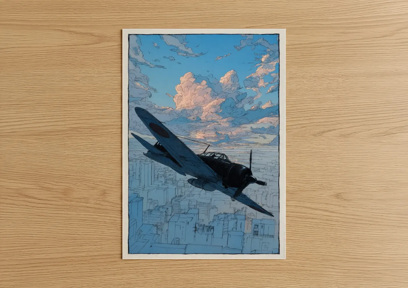 Vintage Airplane Over City Illustration Wall Art