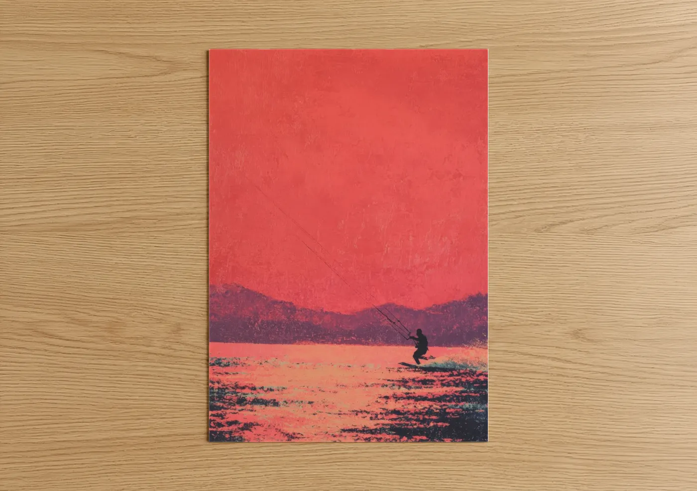 Kite surfing art print on warm oak wood — red and orange palette — Crimson Kite Surfer poster