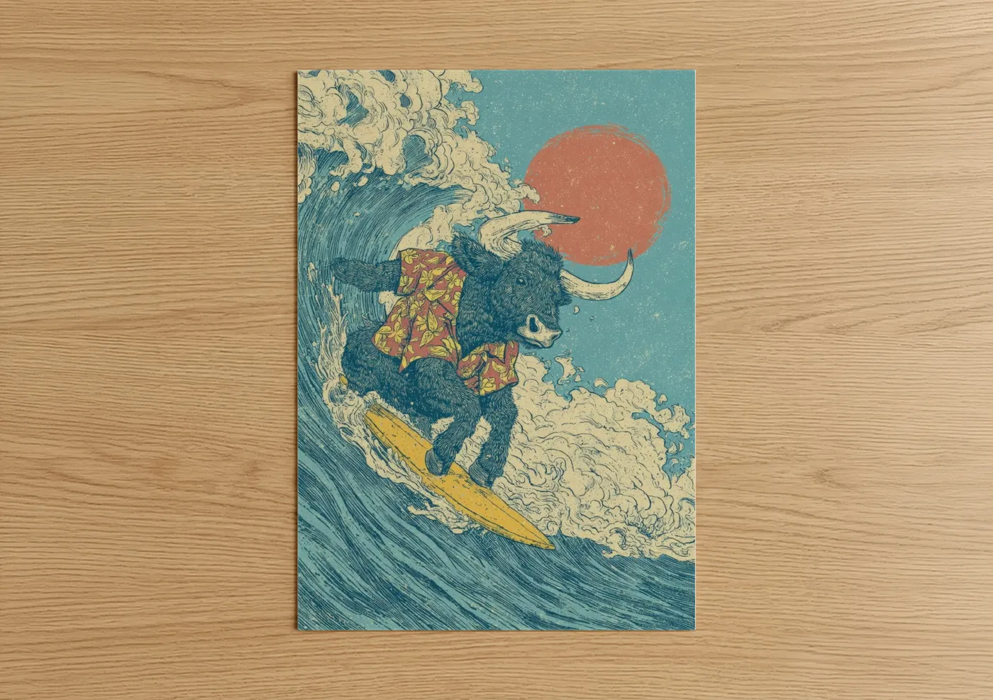 Art print on warm oak wood — teal and cream palette — Surfing Yak poster