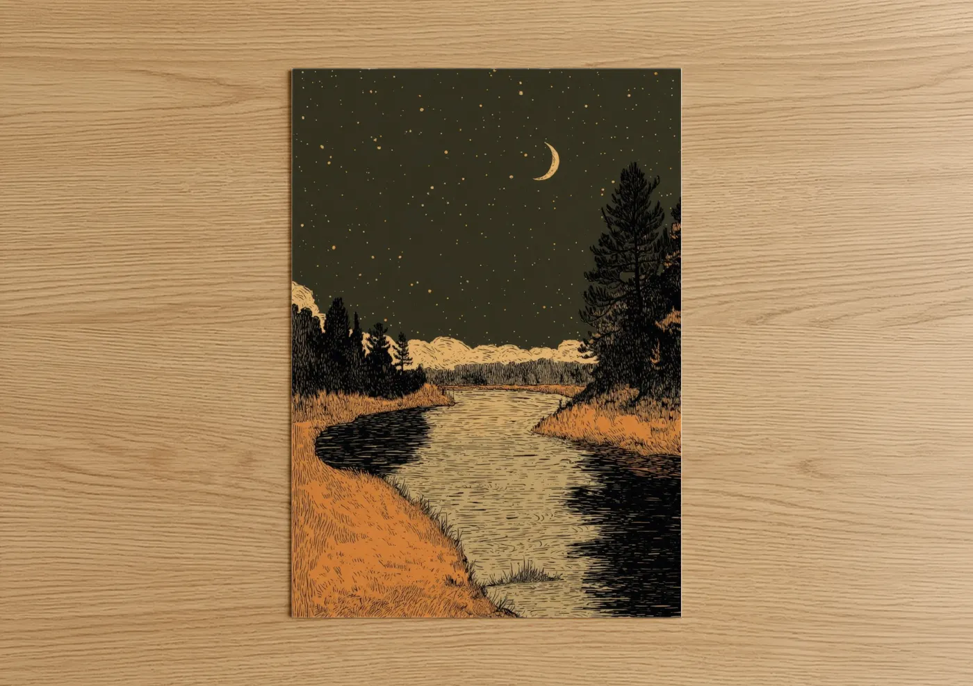 Rivers art print on warm oak wood — olive and gold palette — Moonlit River Landscape poster