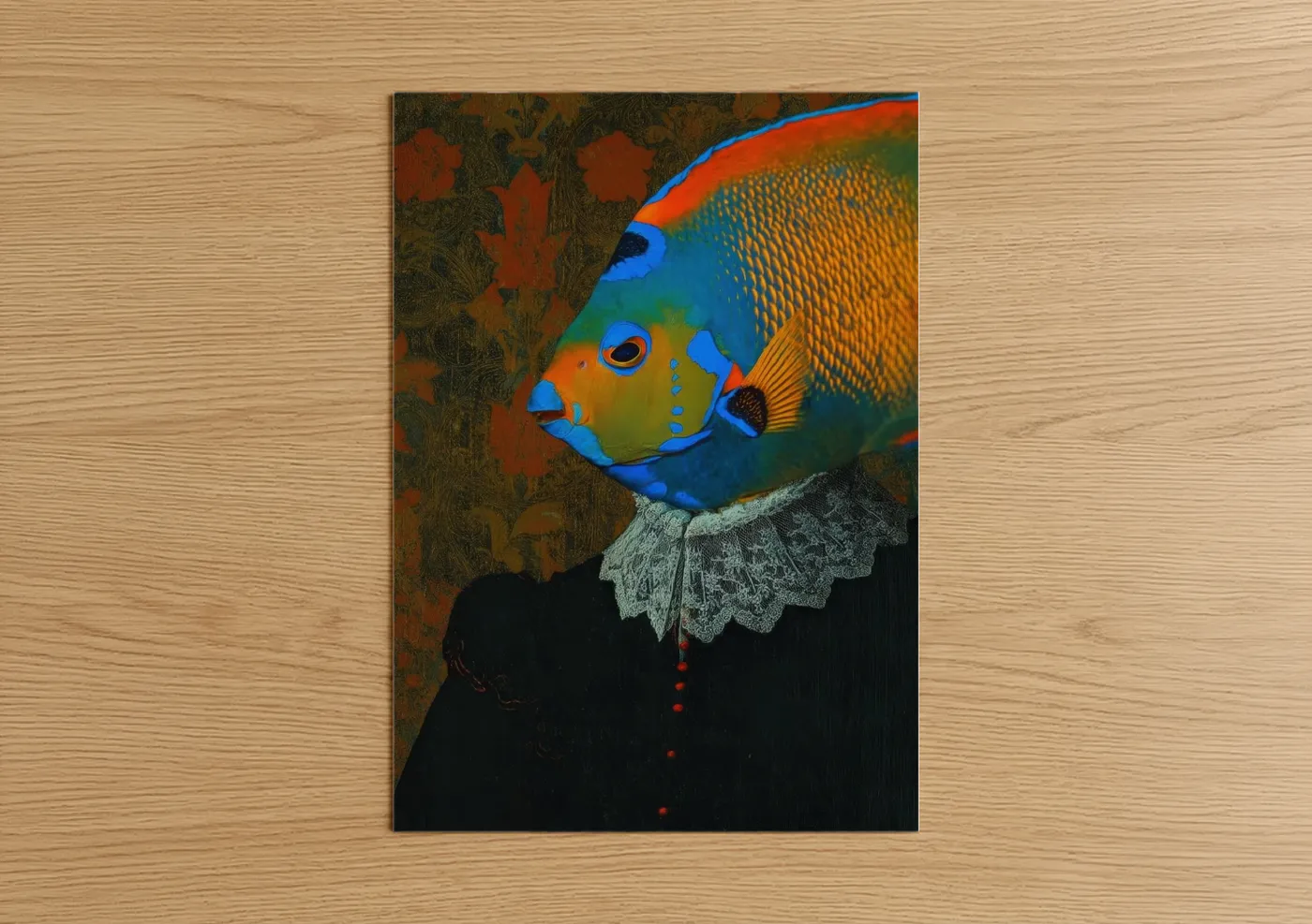 Art print on warm oak wood — blue and orange palette — Regal Angel Fish poster