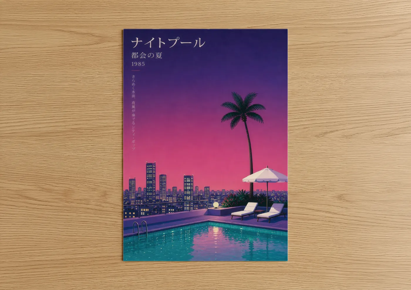 Skyscraper art print on warm oak wood — purple and pink palette — Rooftop Pool Sunset Cityscape Wall Art poster