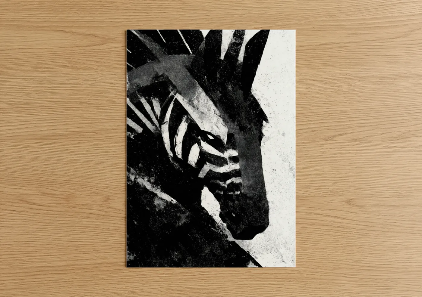 Pegasus art print on warm oak wood — black and white palette — Winged Majesty poster